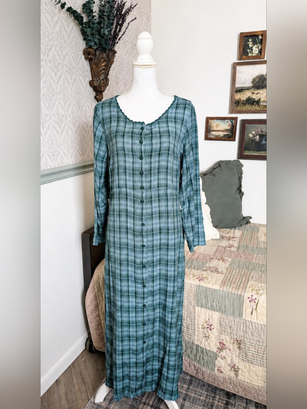 April Cornell Dutch Cottage Check Dress NWT XL Smoky Teal Plaid Cottagecore Maxi
